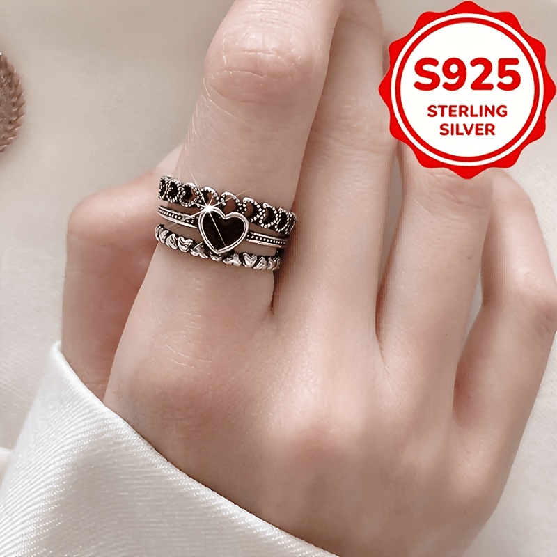 Women's S925 Silver Black Resin Heart Open Ring, Elegant Gift